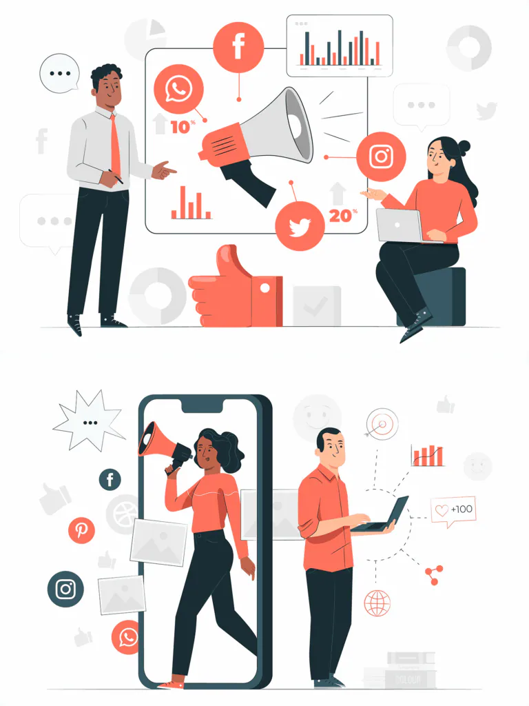 Illustration of a marketing team running social media and advertising campaigns