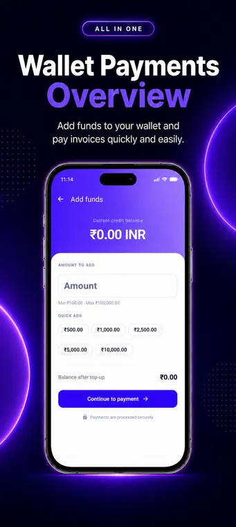 CloudWebHost app wallet screen to add funds and pay invoices