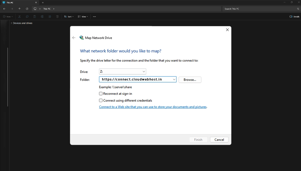 WebDAV server settings with HTTPS enabled for the CloudWebHost storage server